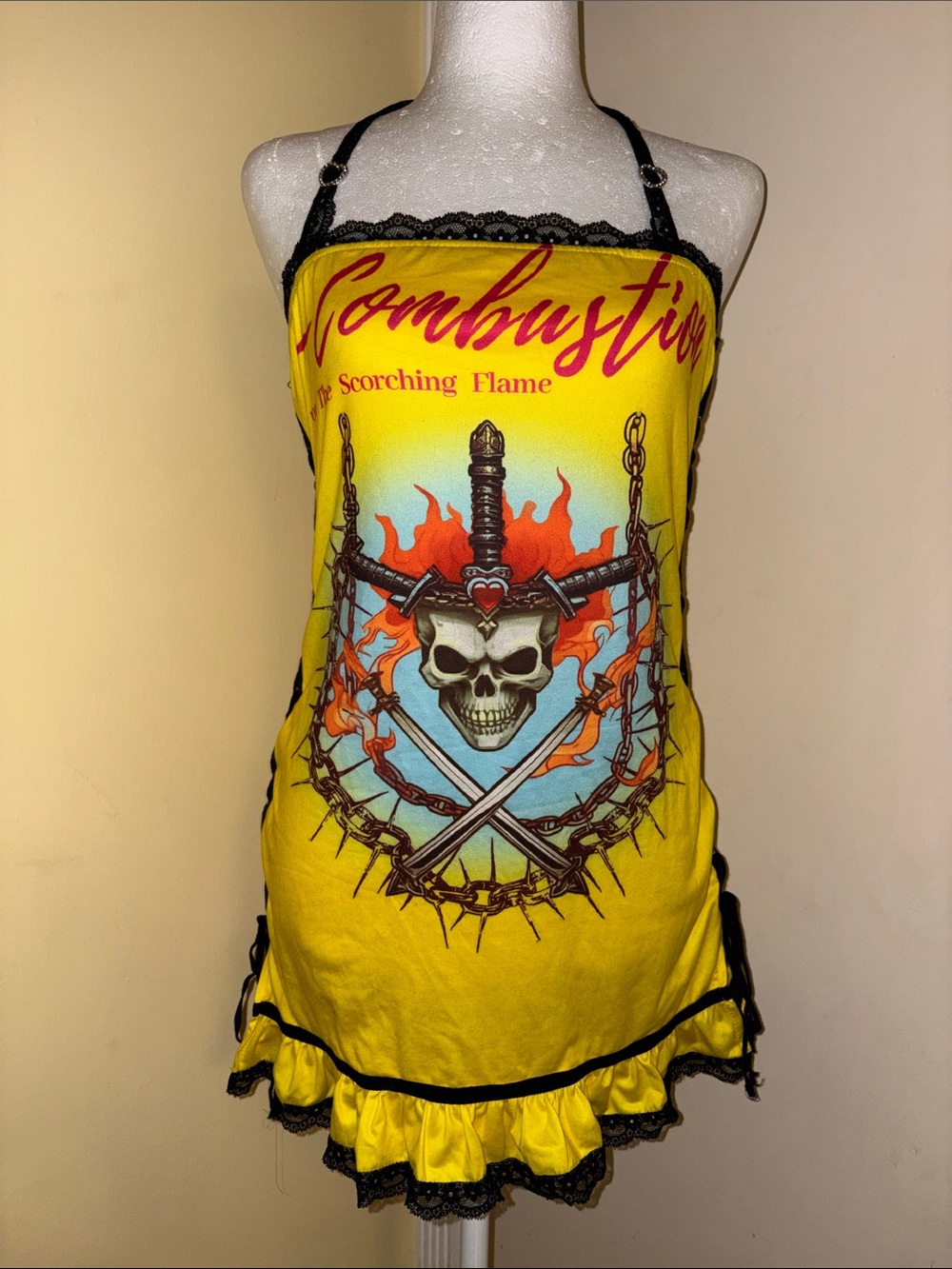SHEIN Yellow Graphic Mini Dress with Skull & Flame Print